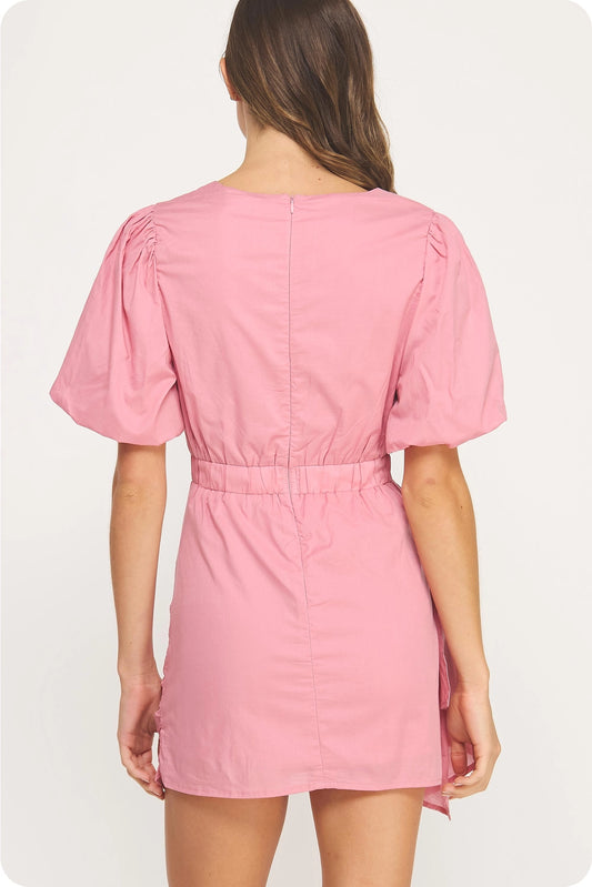 Ruched Short Puff Sleeve Voile Mini Dress - Mauve