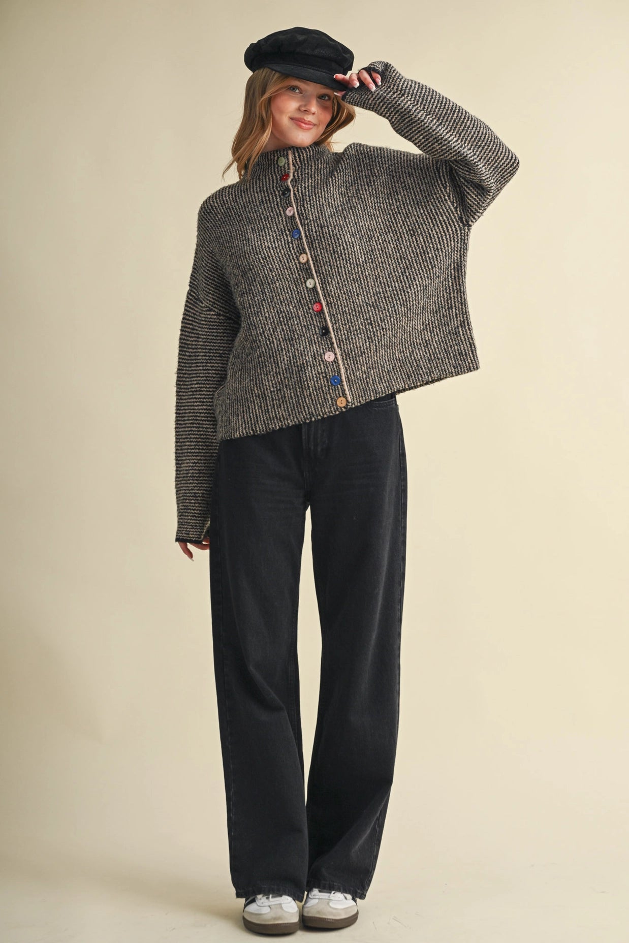 Striped Sweater Cardigan with Colorful Buttons - Black Taupe