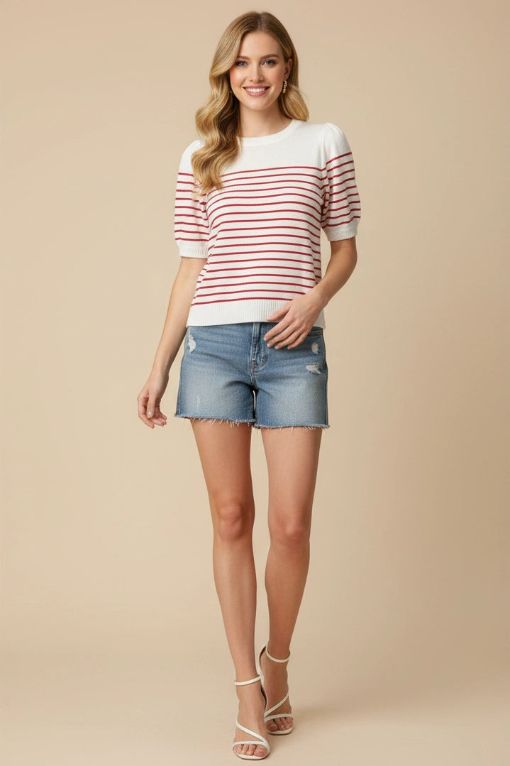 Striped Short Sleeve Sweater - White/Red