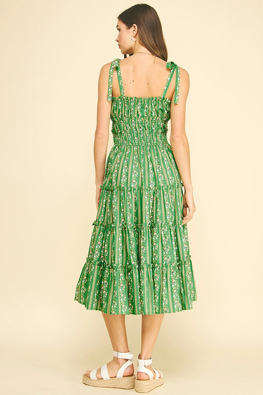 Floral Tiered Midi Dress - Green