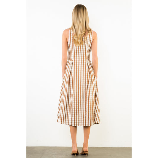 Thin Strap Gingham Pattern Dress - Brown