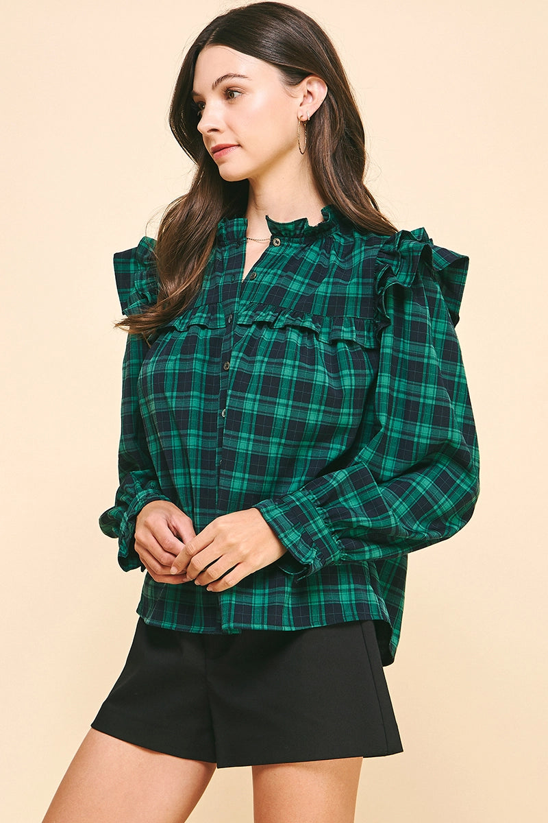 3/4 Sleeves Ruffle Plaid Blouse - Green