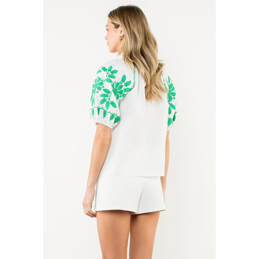 Embroidered Smocked Neck Puff Top - White