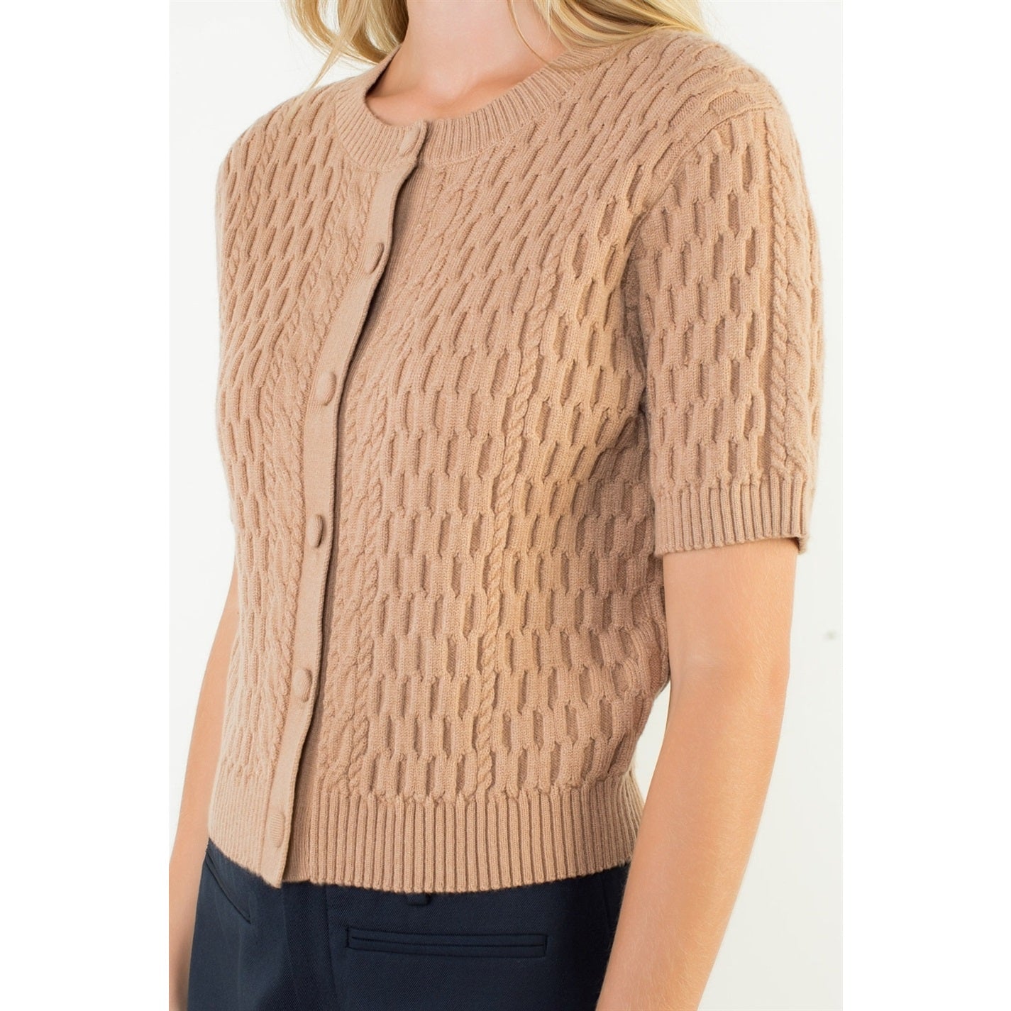 Short Sleeve Button Knit Top - Beige