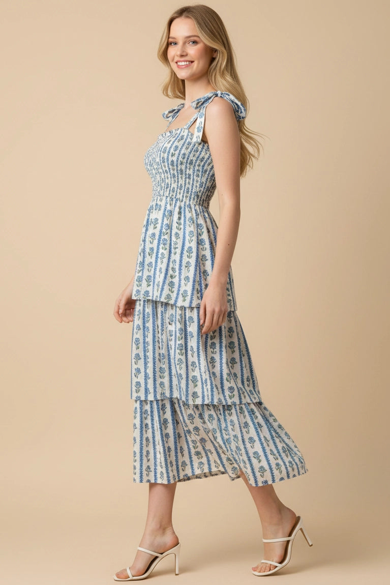 Striped Floral Smocked Midi Dress - Blue