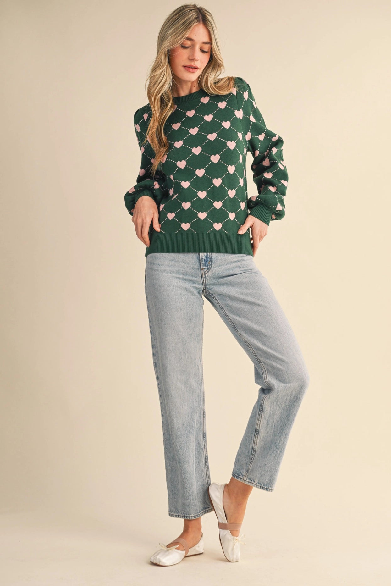 Heart Knit Puff Sleeve Sweater - Hunter Green Pink