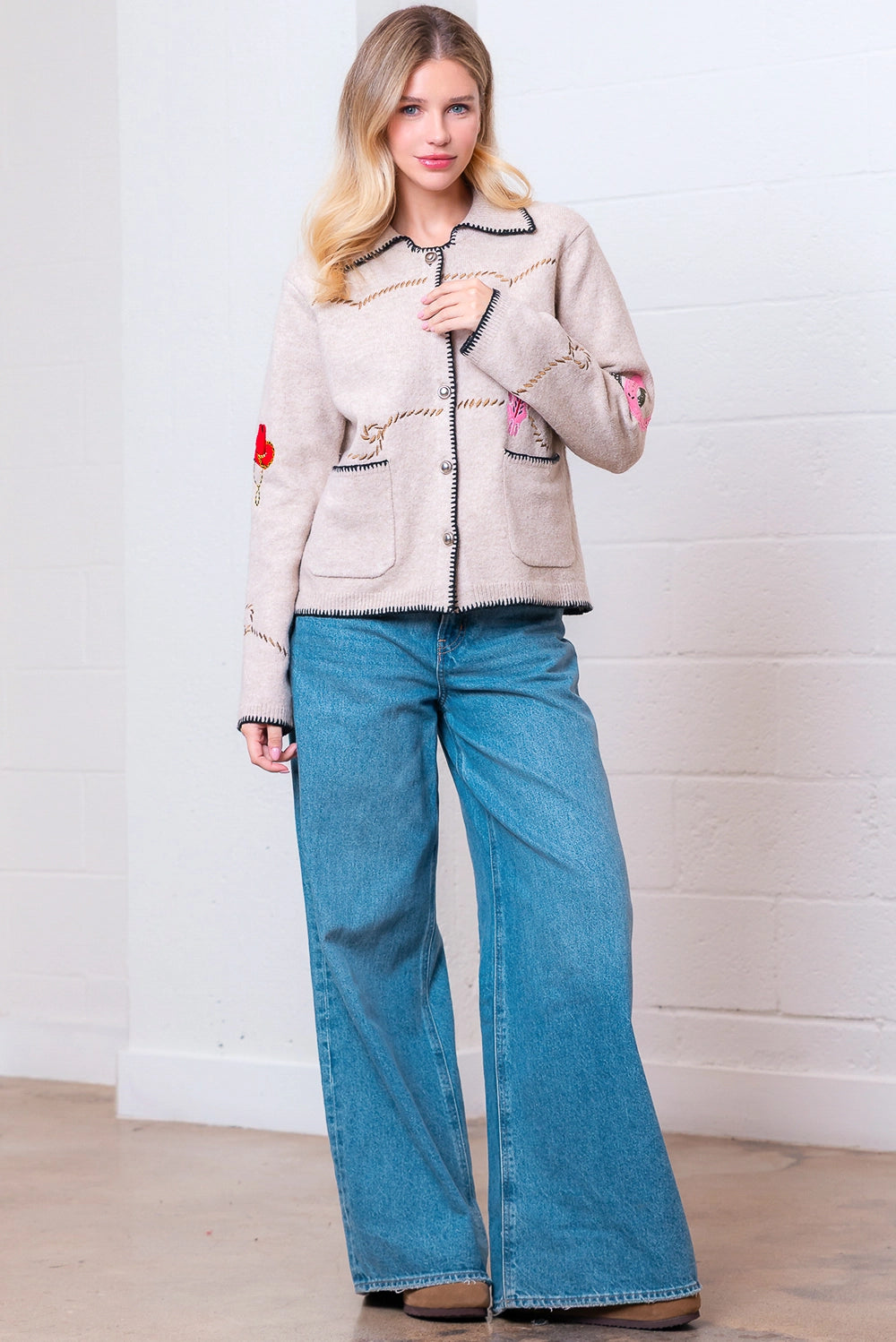 Western Embroidery Sweater Jacket - Oatmeal
