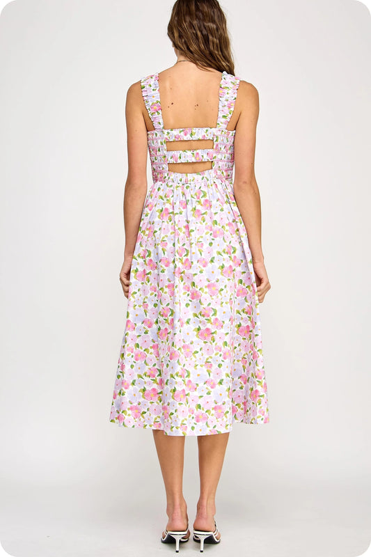 Floral Print Contrast Smocking Midi Dress - Pink Multi