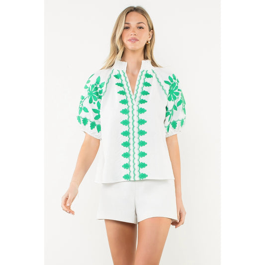 Embroidered Smocked Neck Puff Top - White