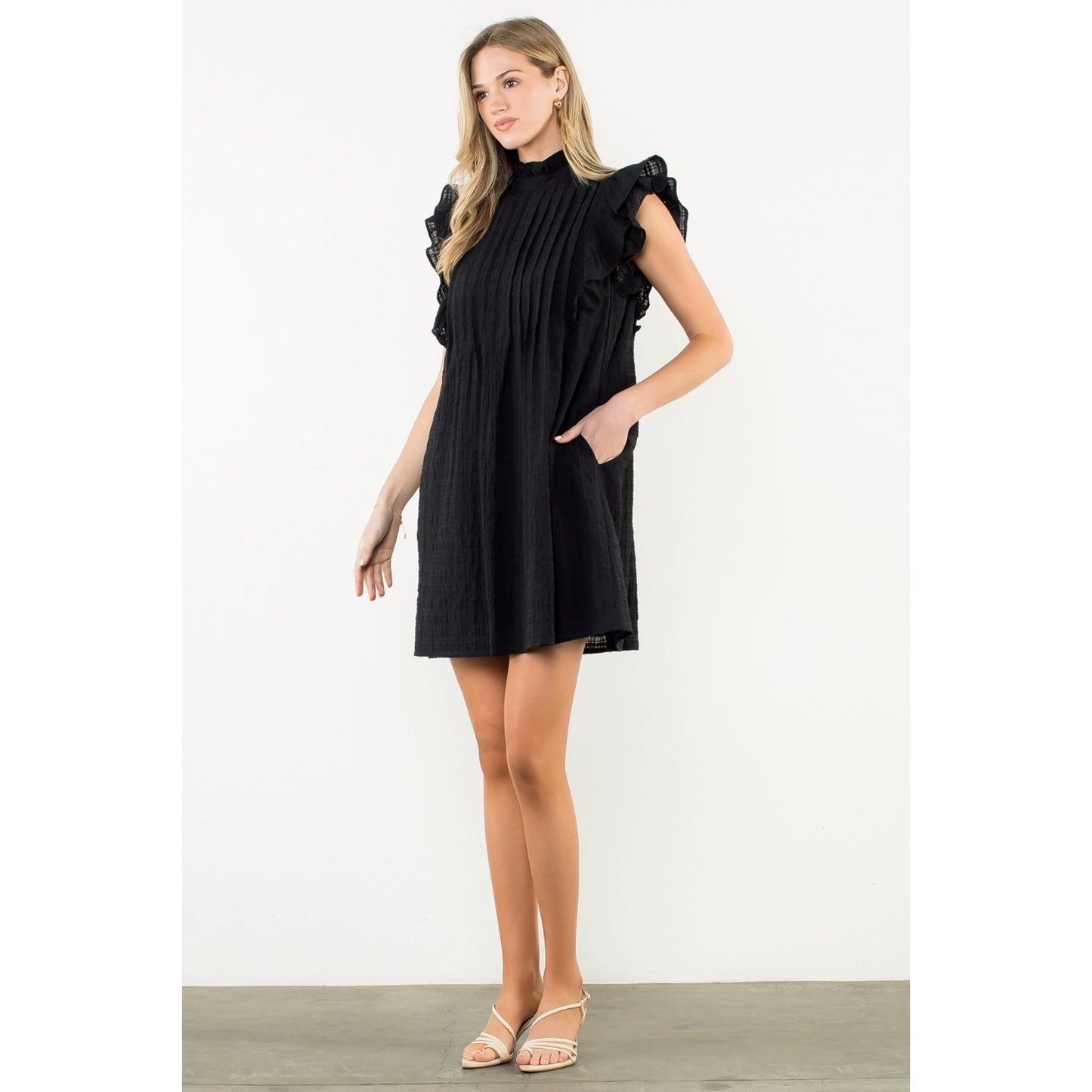 Button Back Flutter Sleeve Dress - Black