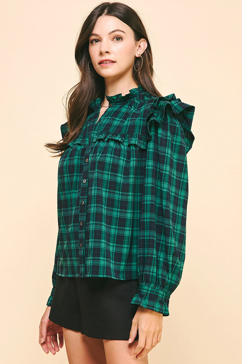 3/4 Sleeves Ruffle Plaid Blouse - Green