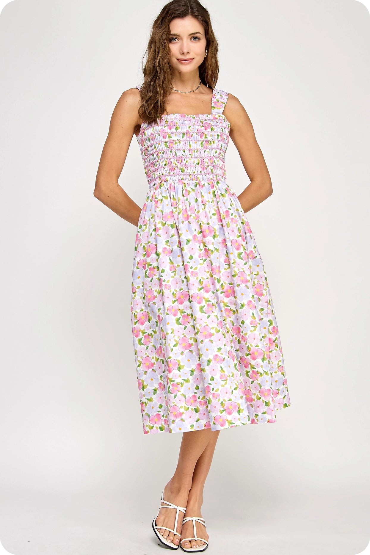 Floral Print Contrast Smocking Midi Dress - Pink Multi