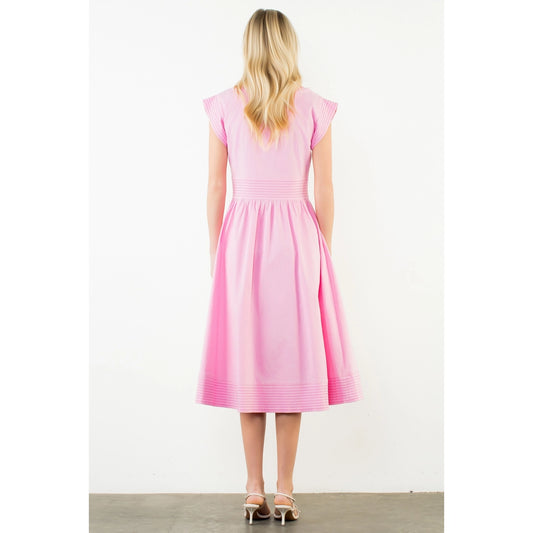 Short Sleeve Pintuck Zip Midi Dress - Pink