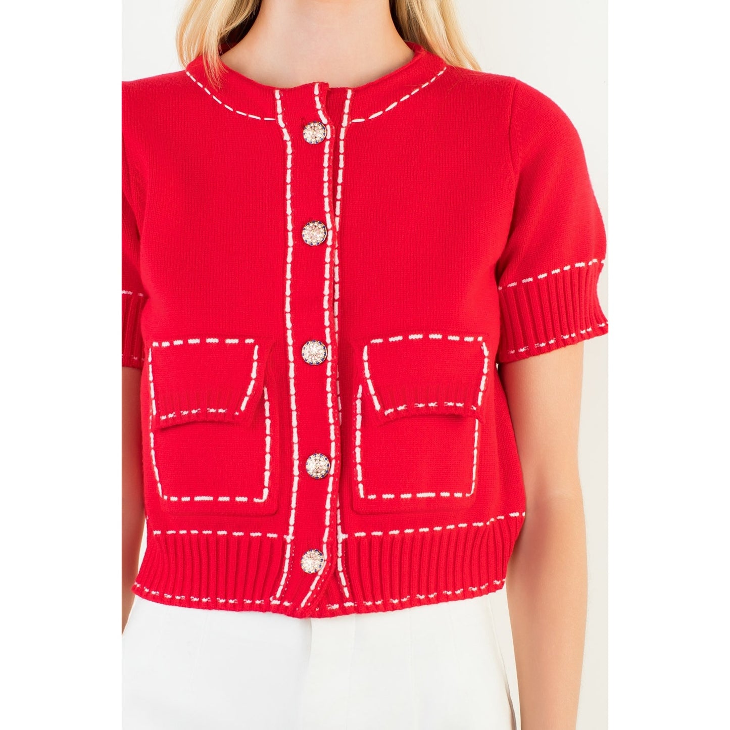 Short Sleeve Knitted Button Up Top - Red