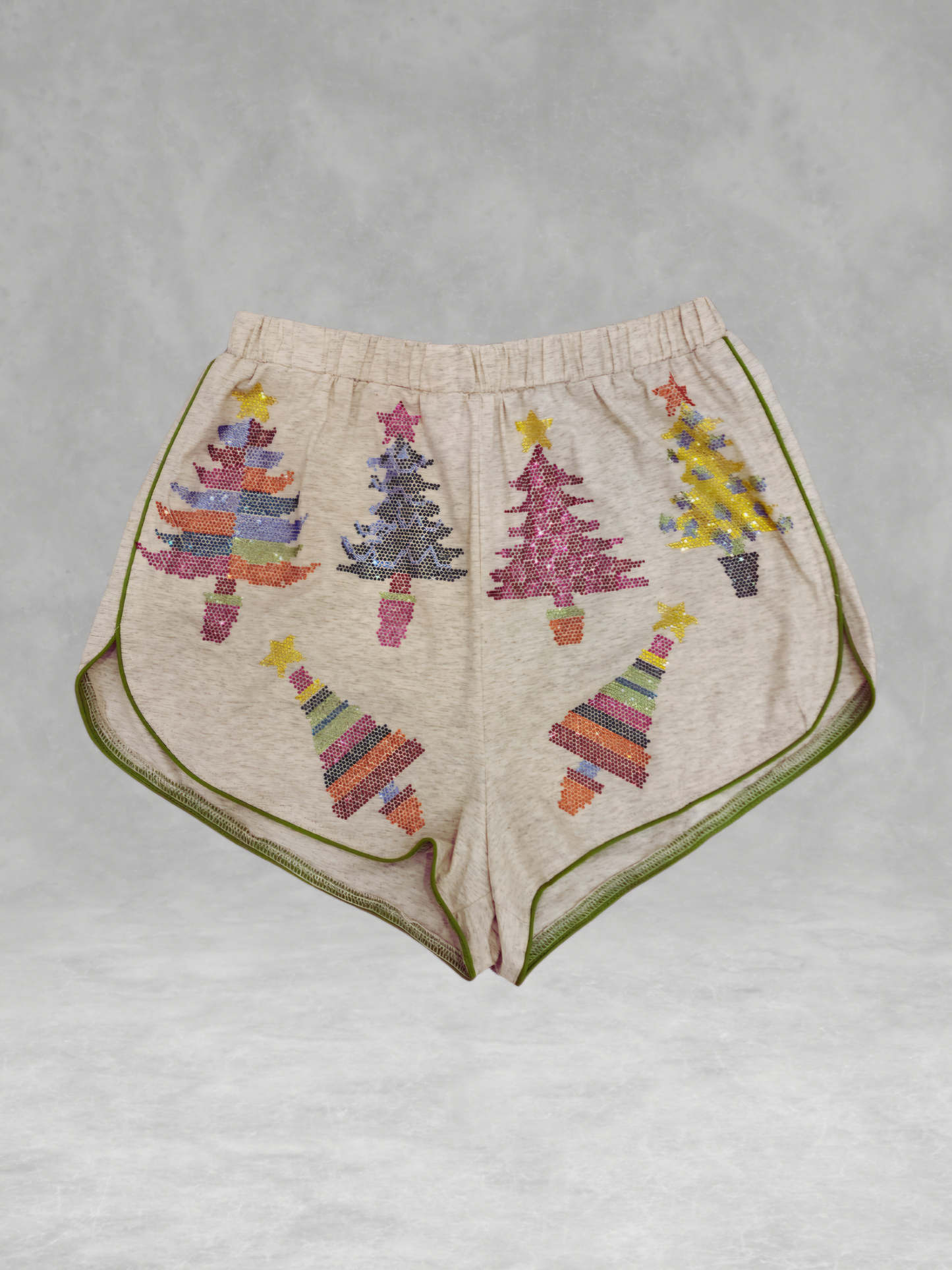 Queen of Sparkles - Beige Colorblock Trees Christmas Pajama Shorts