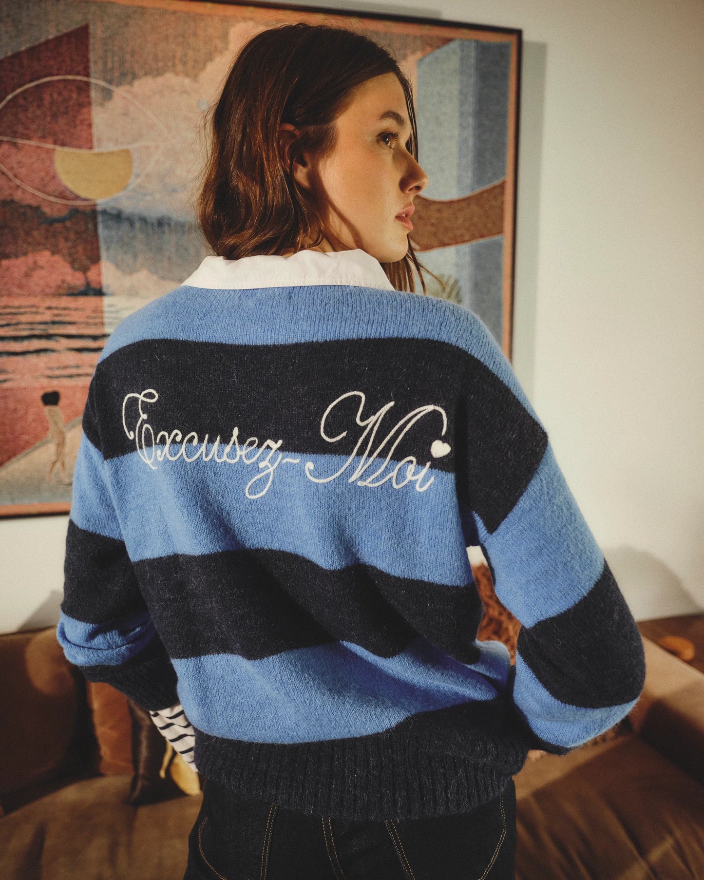 Bold Stripe Tunic Sweater With Embroidery In Blue Ice