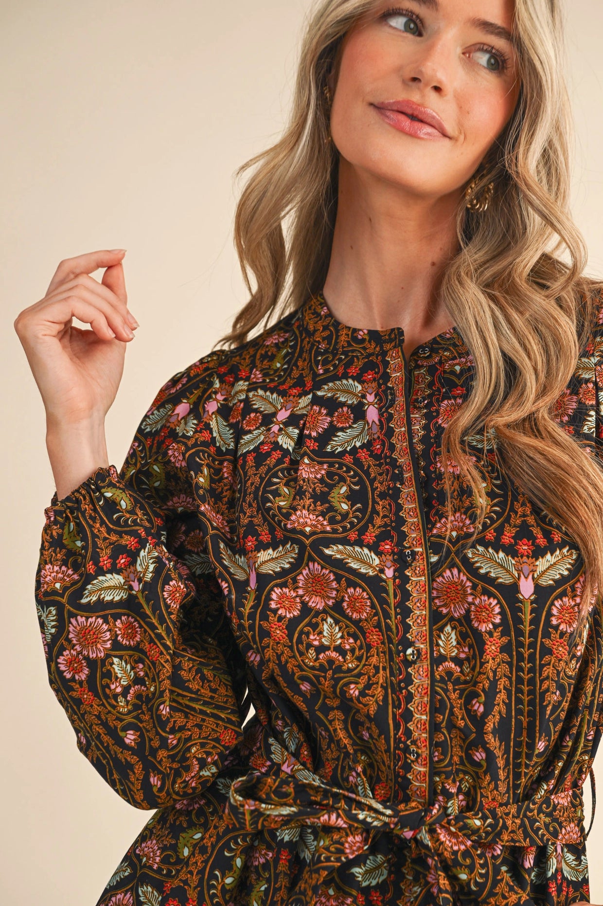 Exclusive Floral Print Button Down Belted Mini Dress - Black Multi