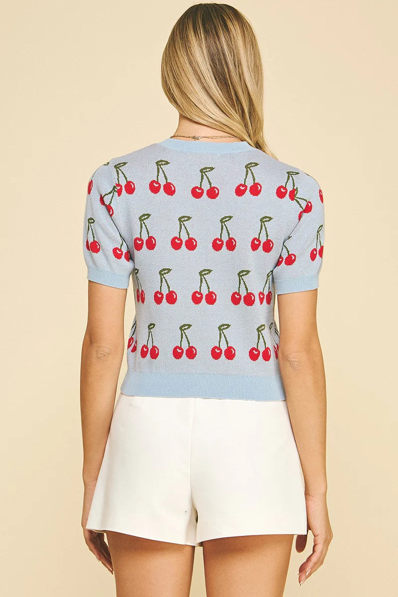Cherry Sweater Crop Top - Dusty Blue
