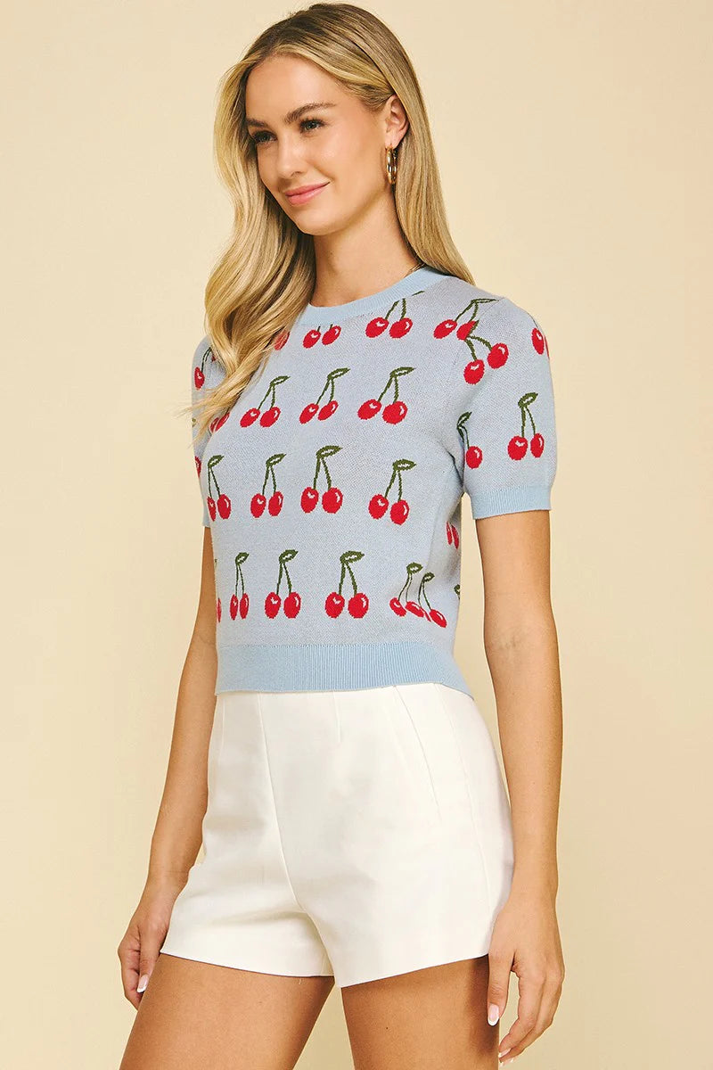 Cherry Sweater Crop Top - Dusty Blue