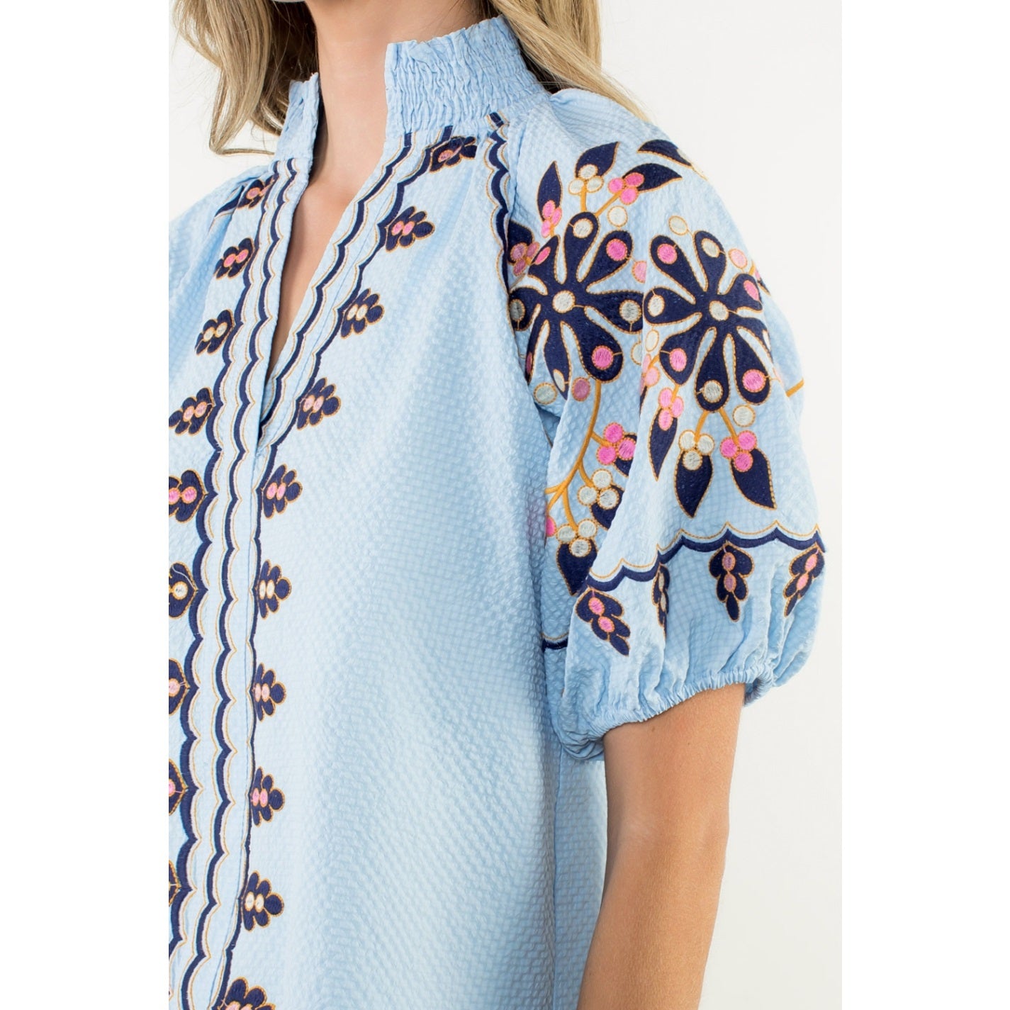 Embroidered Puff Sleeve Textured Top - Blue