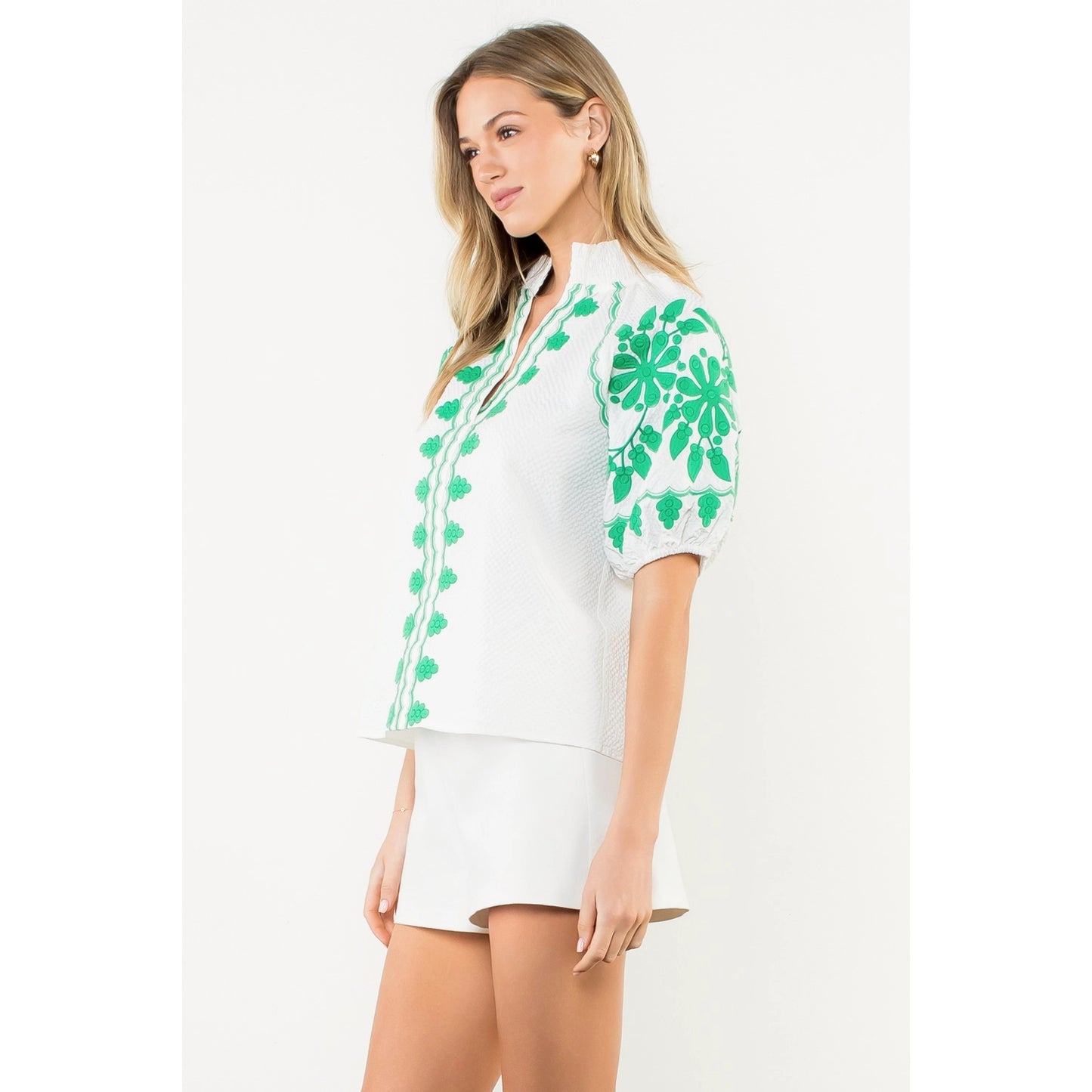 Embroidered Smocked Neck Puff Top - White