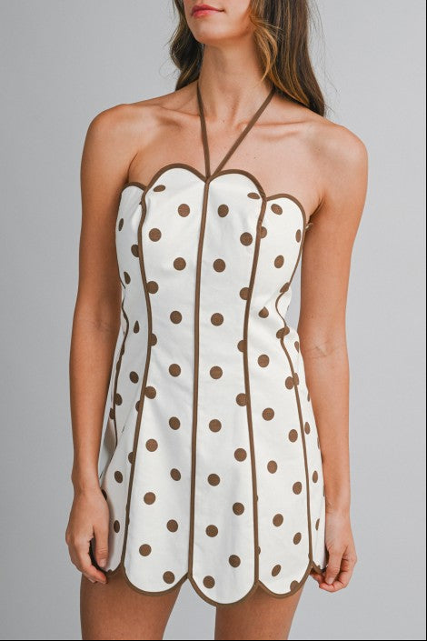 brown polka dot halter dress Scallop Mini Product style: line skirt adorned with Color:Butter Yellow Bustier A Line Mesh