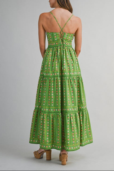Wallpaper Print V-Neck Tiered Maxi Dress - Green