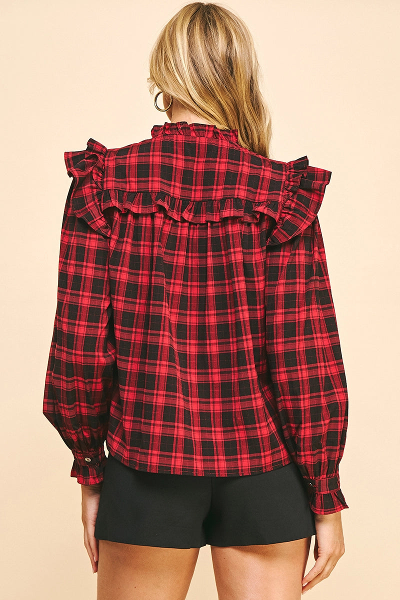 3/4 Sleeves Ruffle Plaid Blouse - Red