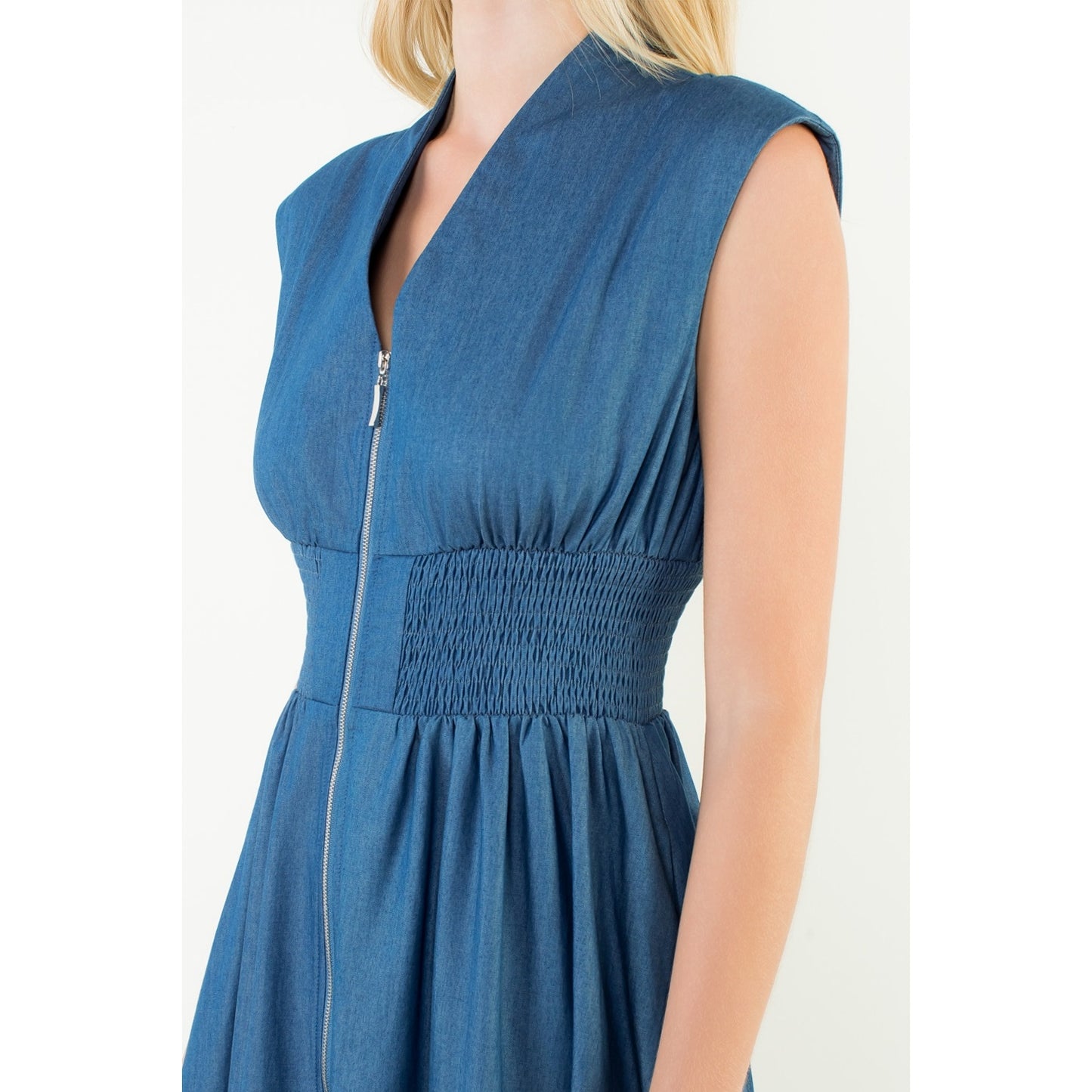 Sleeveless Denim Smocked Waist Dress - Denim Blue