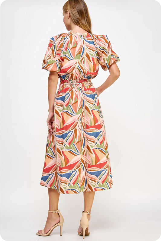 Puff Sleeve Print Midi Dress - Multi