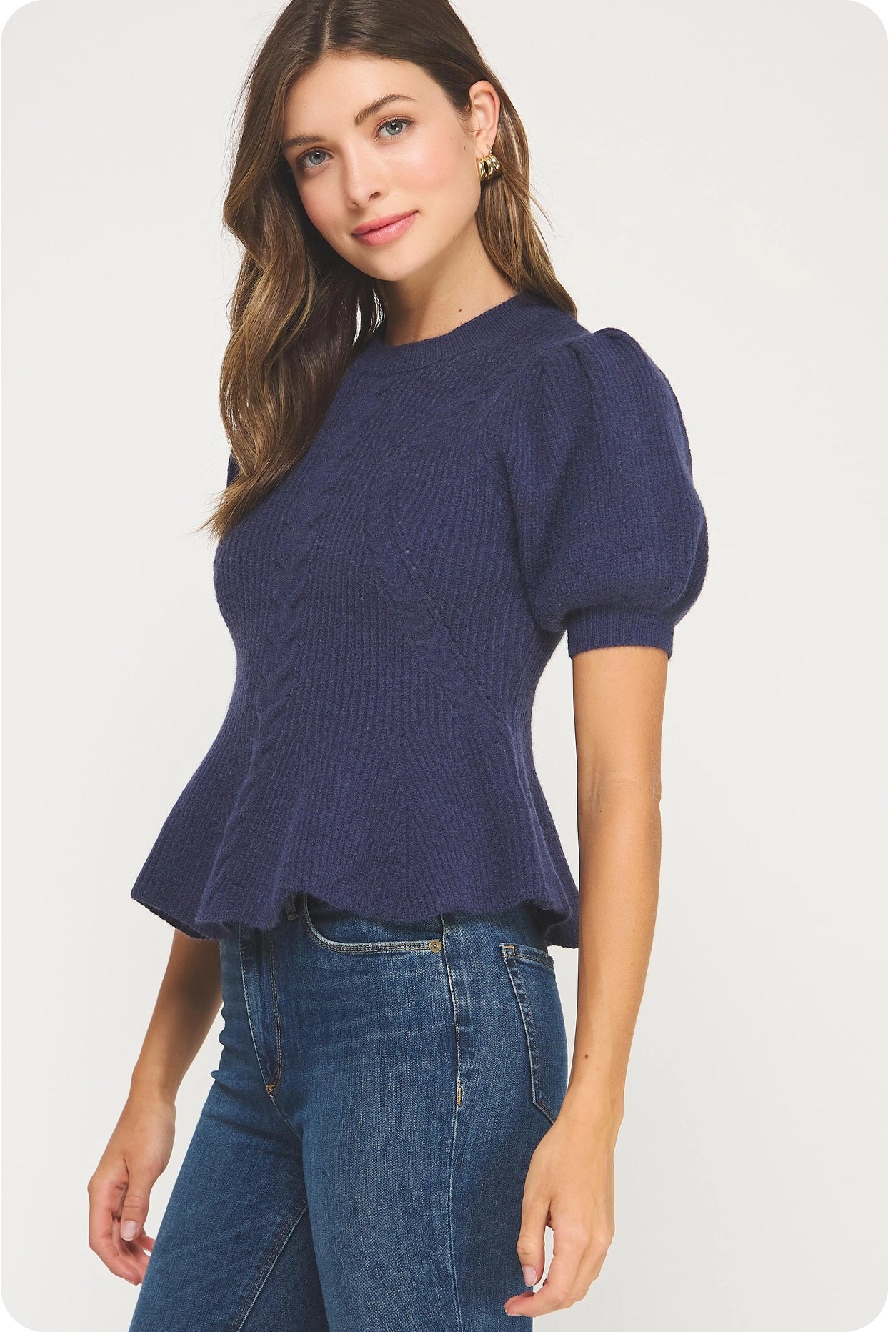 Flared Puff Sleeve Knit Top - Navy