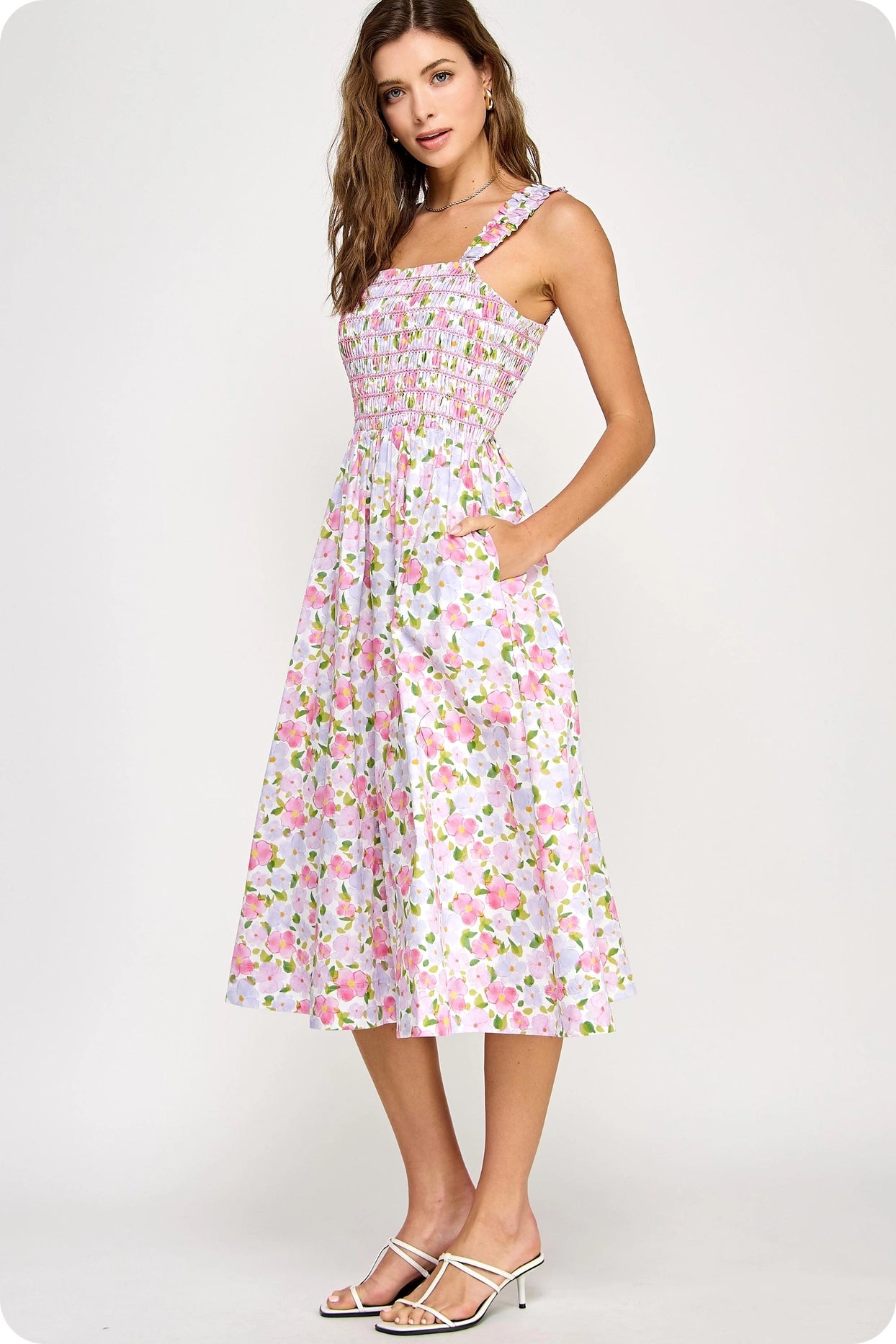 Floral Print Contrast Smocking Midi Dress - Pink Multi