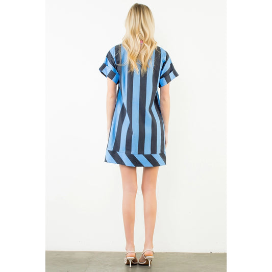 Short Sleeve Striped V-Neck Dress - Blue
