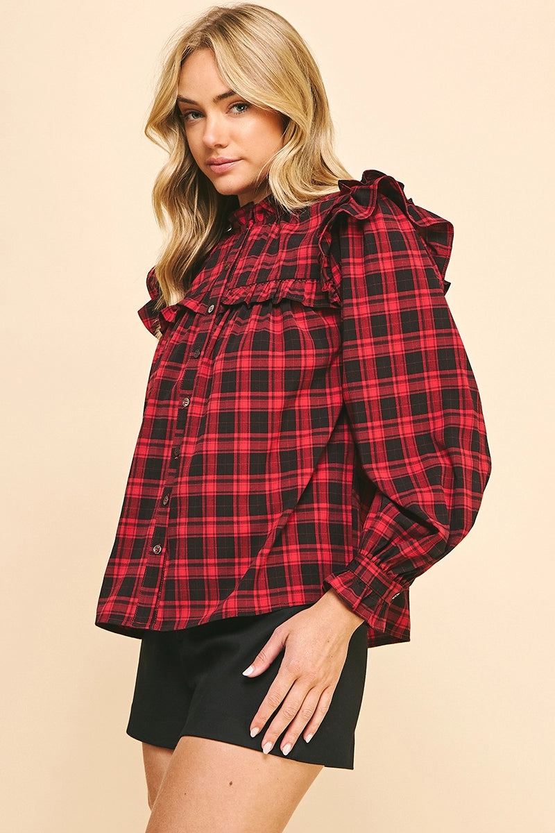 3/4 Sleeves Ruffle Plaid Blouse - Red