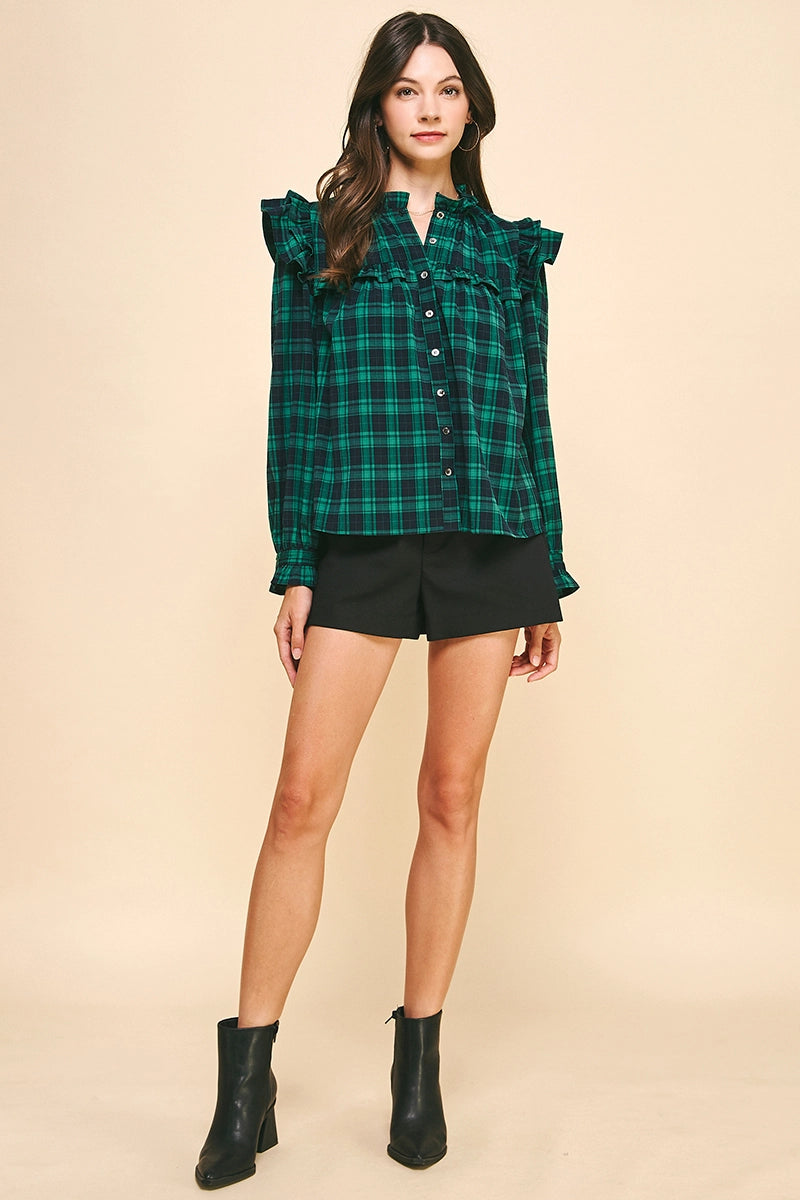 3/4 Sleeves Ruffle Plaid Blouse - Green