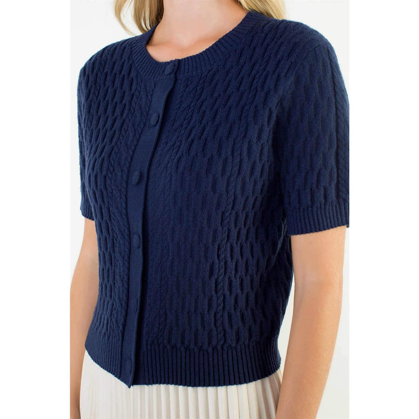 Short Sleeve Button Knit Top - Navy