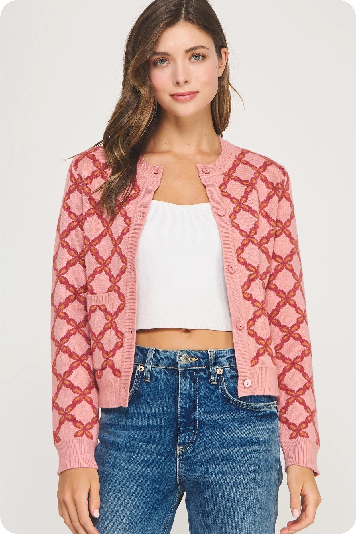 Chainlink Intarsia Cardigan Sweater - Mauve Multi