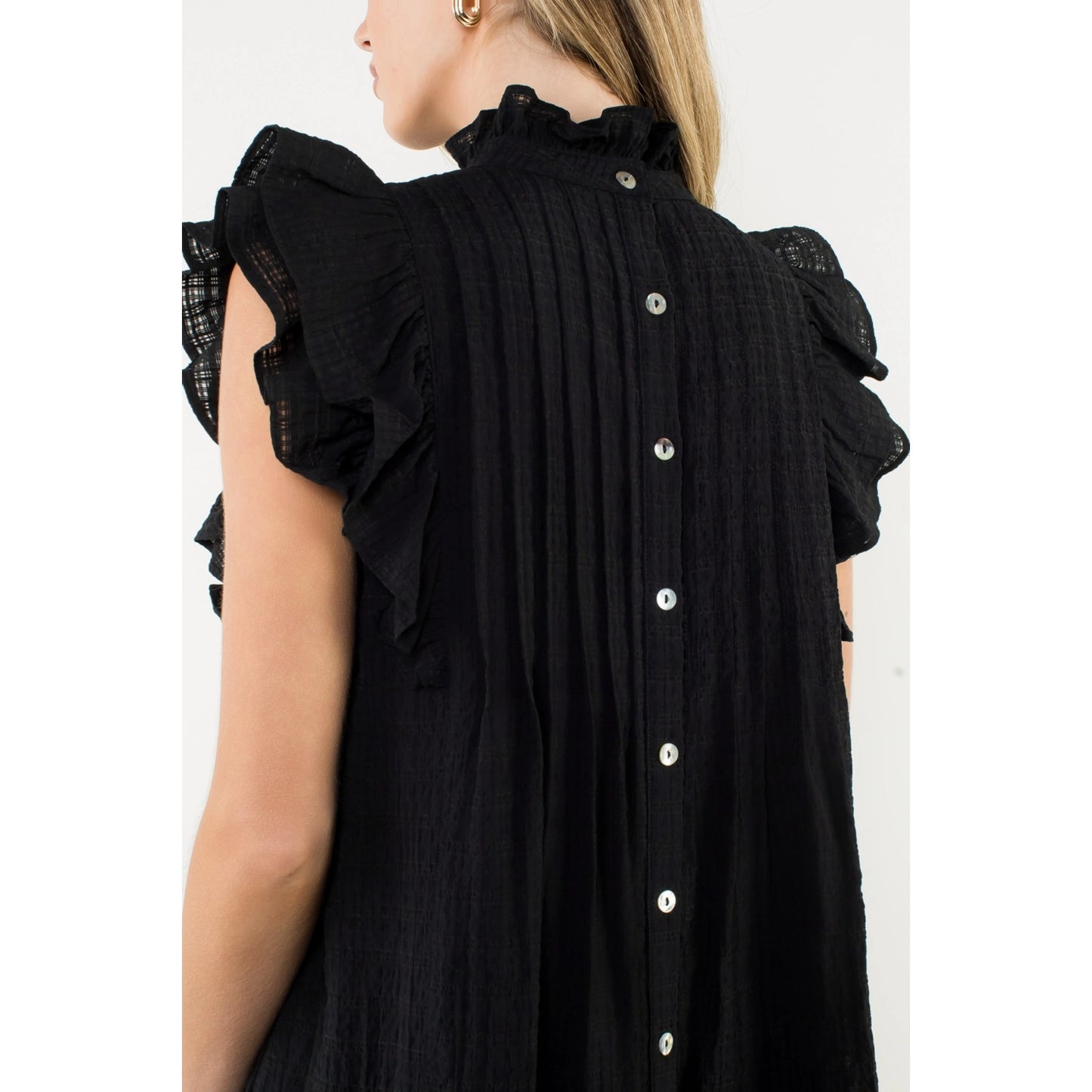 Button Back Flutter Sleeve Dress - Black