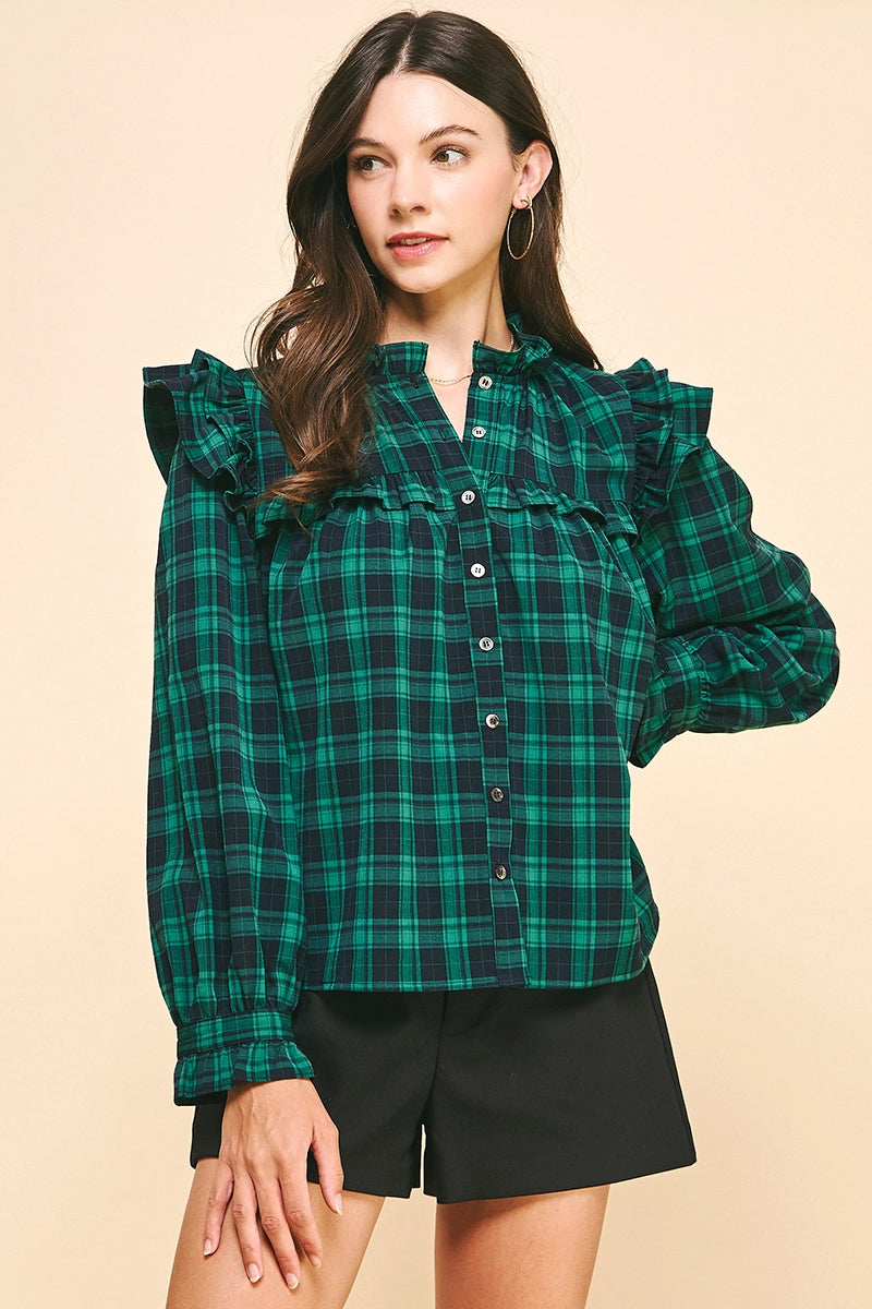 3/4 Sleeves Ruffle Plaid Blouse - Green