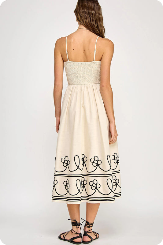Contrast Embroidered Trim Linen Midi Dress - Ecru/Black