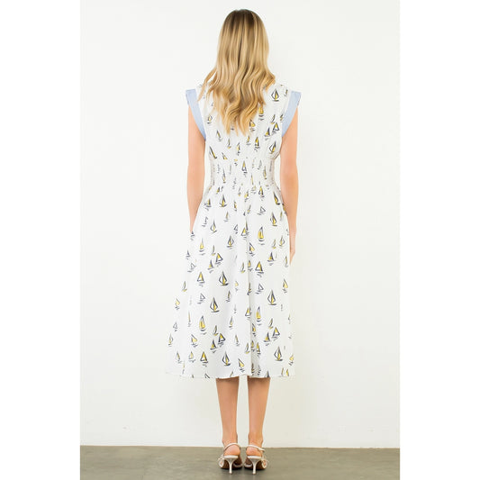 Short Sleeve Sailboat Pattern Midi Dress - Cream