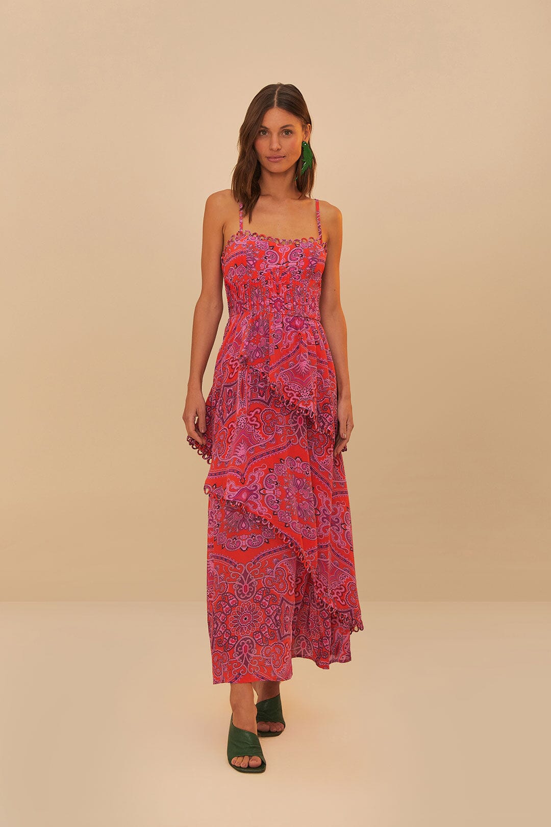 Farm Rio - Red Paisley Scarf Loopy Trim Maxi Dress