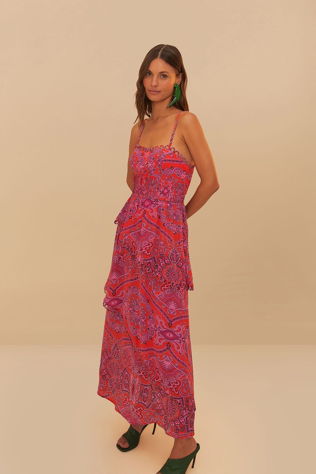 Farm Rio - Red Paisley Scarf Loopy Trim Maxi Dress