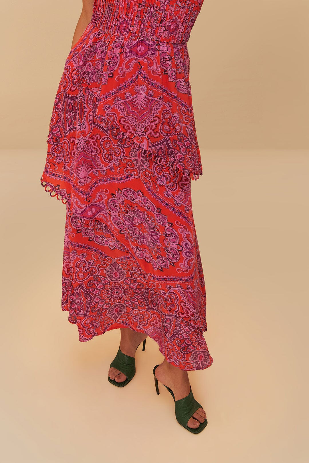 Farm Rio - Red Paisley Scarf Loopy Trim Maxi Dress