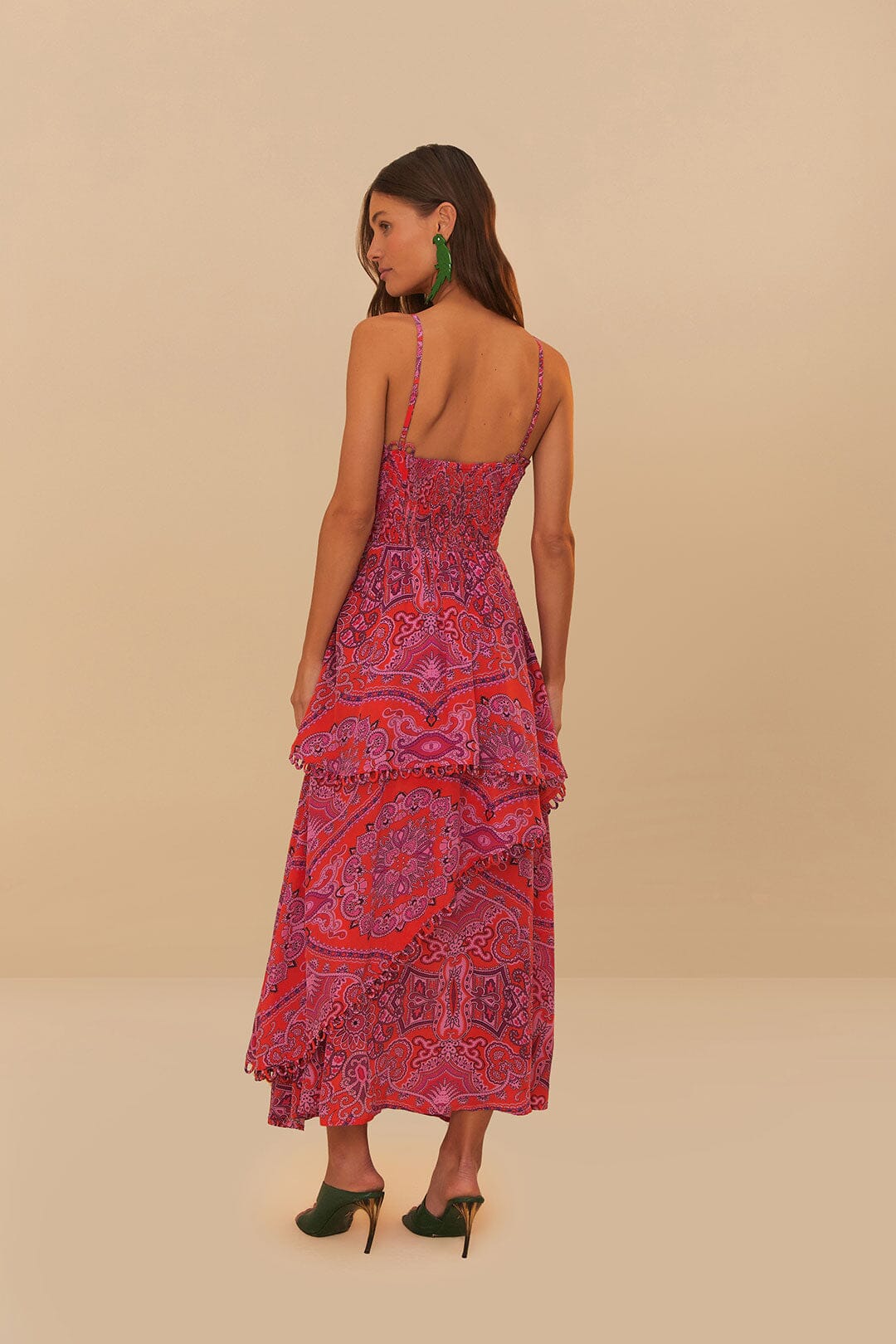 Farm Rio - Red Paisley Scarf Loopy Trim Maxi Dress
