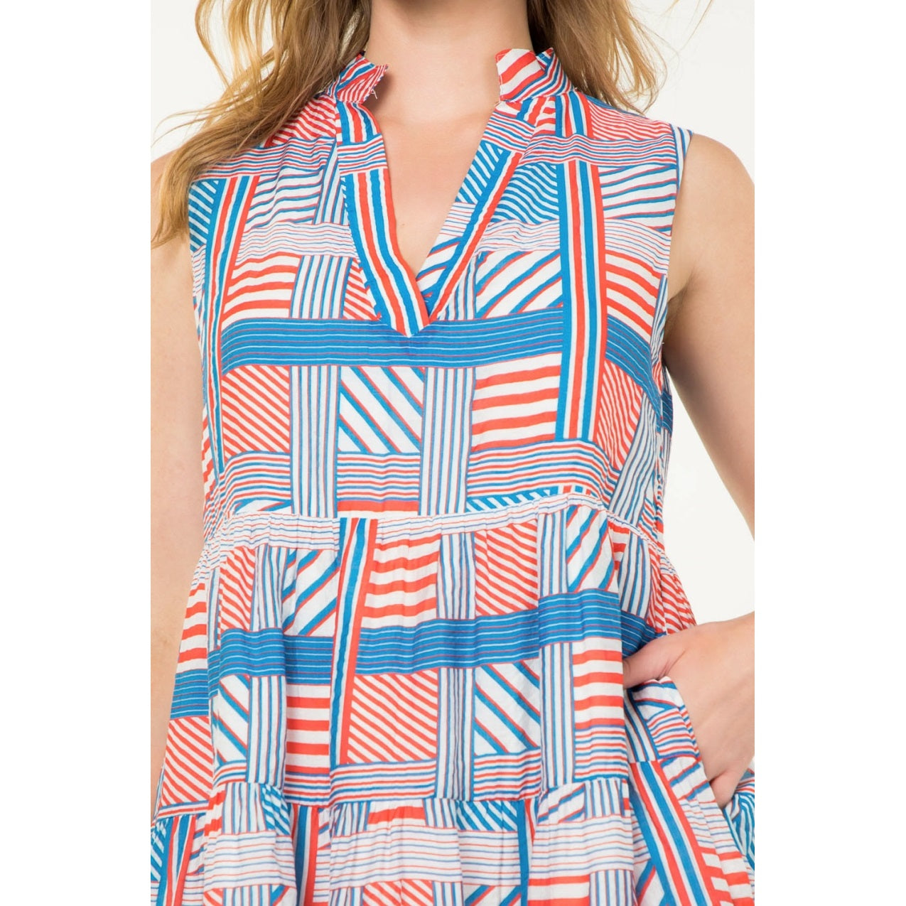 Sleeveless Striped Pattern Dress - Blue