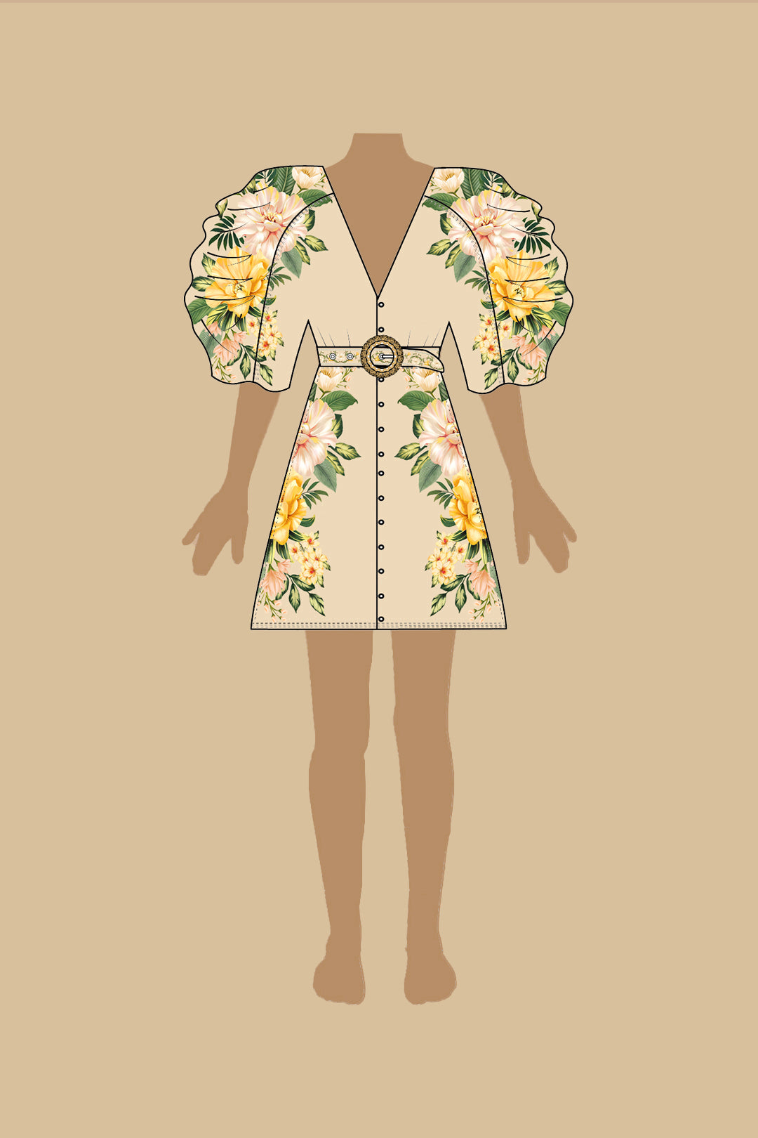 Farm Rio - Garden Cascade Sand Puffy Sleeve Mini Dress