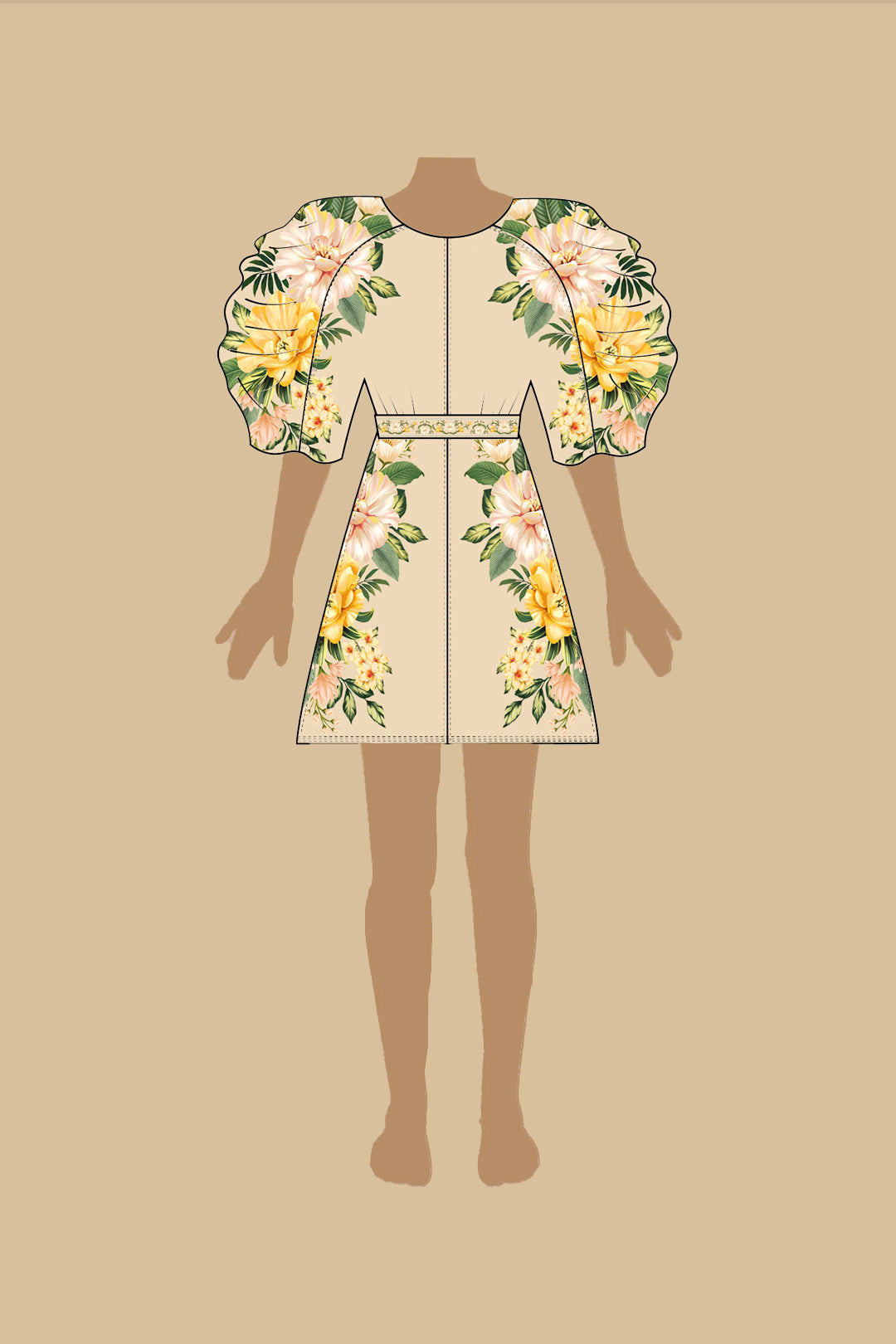 Farm Rio - Garden Cascade Sand Puffy Sleeve Mini Dress