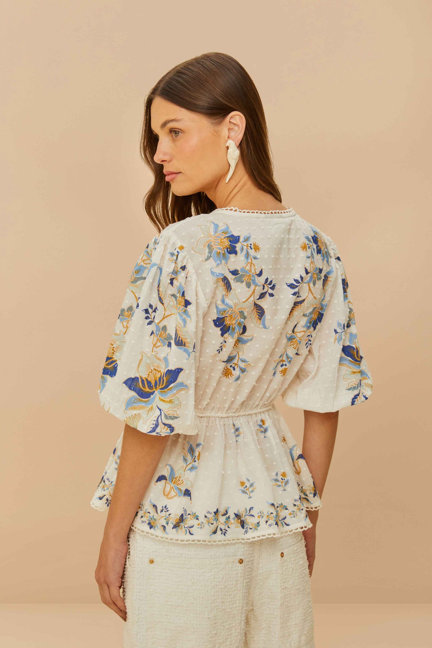 Farm Rio - Off-White Mystic Blue Lotus Dreamscape Blouse