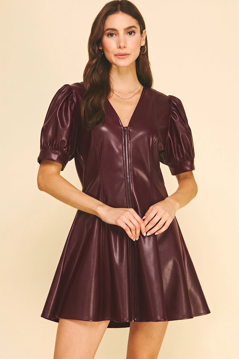 Faux Leather V-Neck Mini Dress - Burgundy
